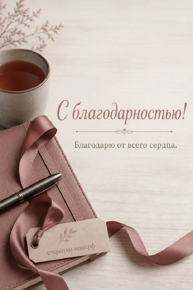Акварельная открытка с розовыми цветами в рамке и надписью С благодарностью, Благодарю от всего сердца — вариант 3