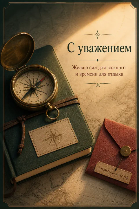 Латунный компас на кожаном блокноте, красный конверт и карта на тёмном деревянном фоне с надписью С уважением