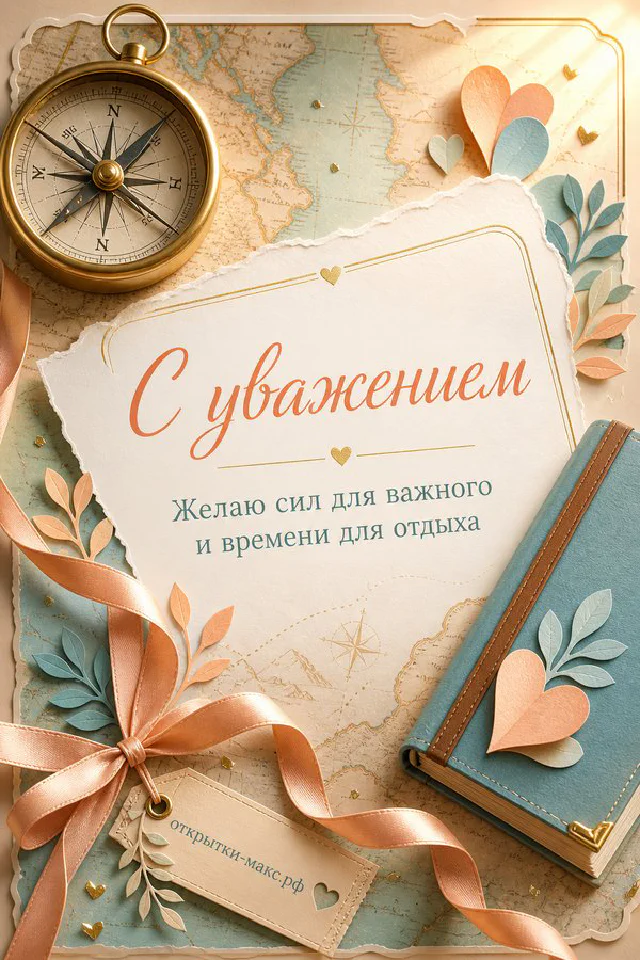 Латунный компас на кожаном блокноте, красный конверт и карта на тёмном деревянном фоне с надписью С уважением — вариант 2