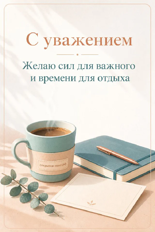 Латунный компас на кожаном блокноте, красный конверт и карта на тёмном деревянном фоне с надписью С уважением — вариант 3