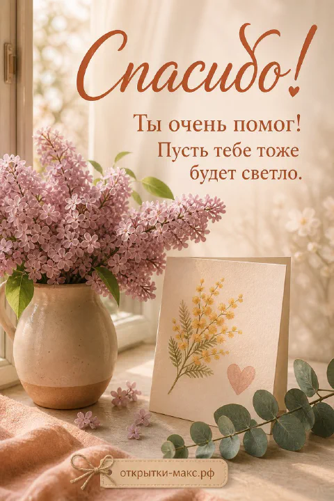 Букет розовой сирени в глиняном кувшине у окна рядом с открыткой с сердечком и надписью Спасибо
