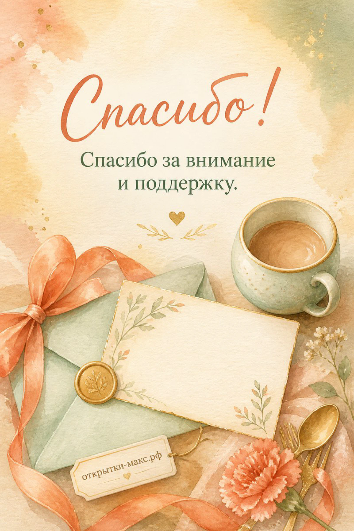 Акварельная открытка «Спасибо!» с конвертом и сургучной печатью, кружкой кофе и персиковыми гвоздиками
