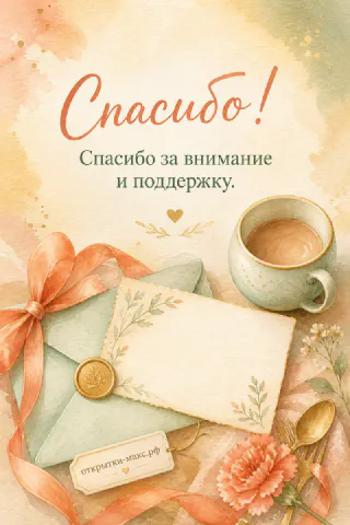 Акварельная открытка «Спасибо!» с конвертом и сургучной печатью, кружкой кофе и персиковыми гвоздиками