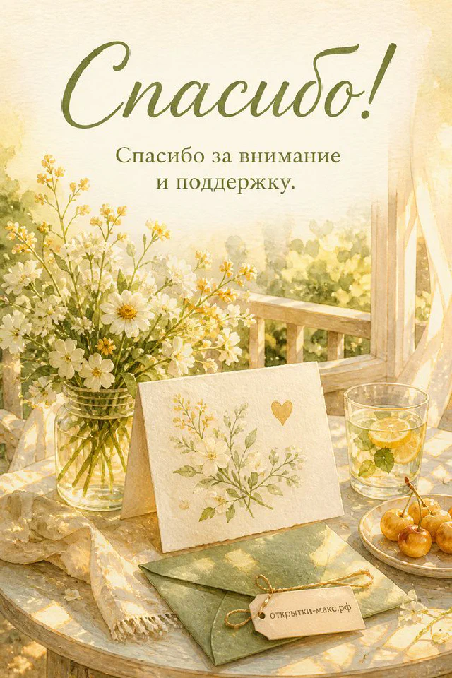 Акварельная открытка «Спасибо!» с конвертом и сургучной печатью, кружкой кофе и персиковыми гвоздиками — вариант 2