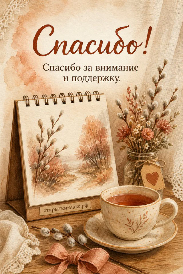 Акварельная открытка «Спасибо!» с конвертом и сургучной печатью, кружкой кофе и персиковыми гвоздиками — вариант 3