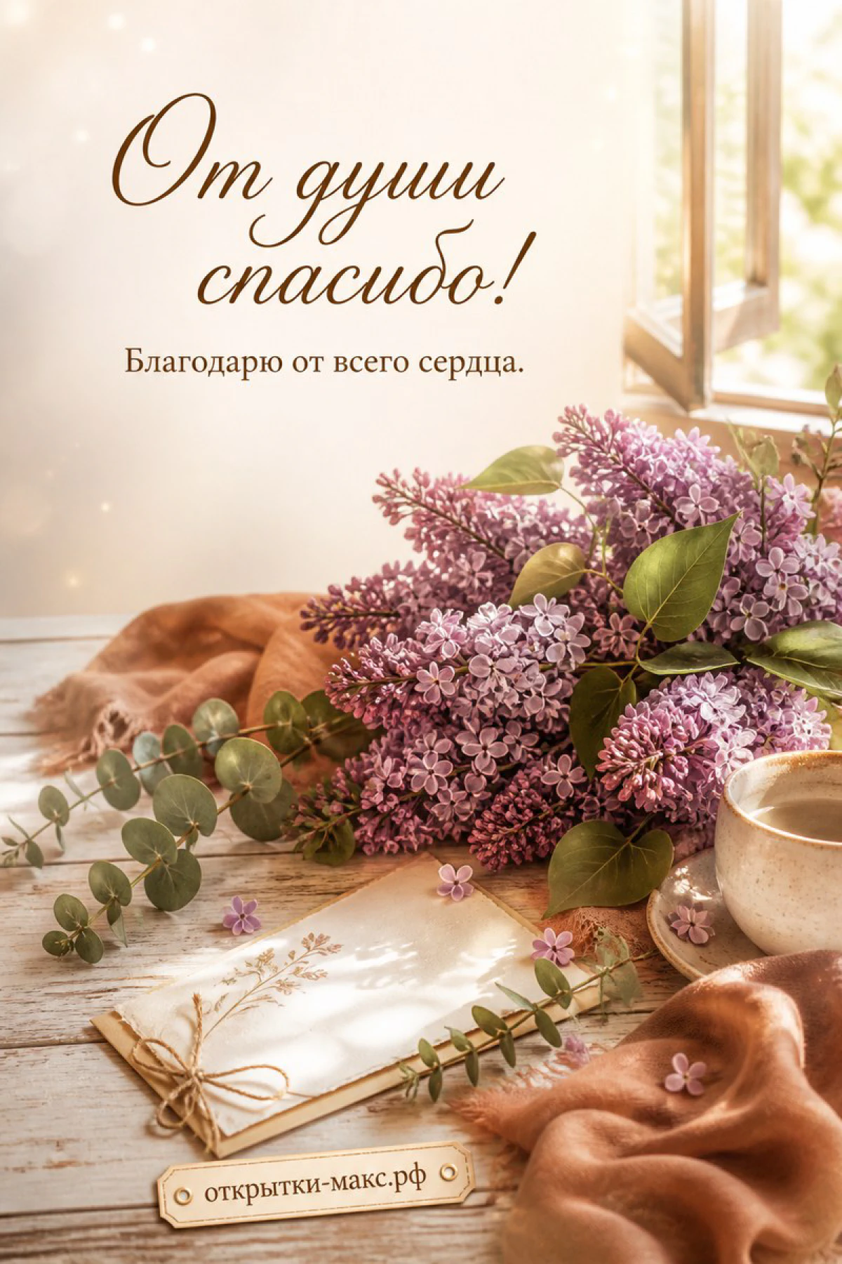 Букет сирени с эвкалиптом на деревянном столе, письмо и чашка чая, надпись «От души спасибо»