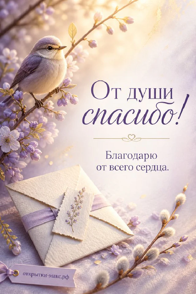 Букет сирени с эвкалиптом на деревянном столе, письмо и чашка чая, надпись «От души спасибо» — вариант 5