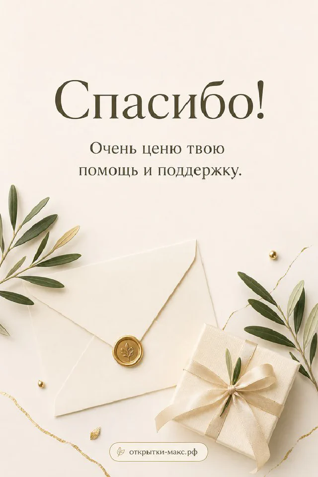 Открытка спасибо с бежевым конвертом, подарочной коробкой с зелёной лентой и ветками эвкалипта на светлом фоне — вариант 3
