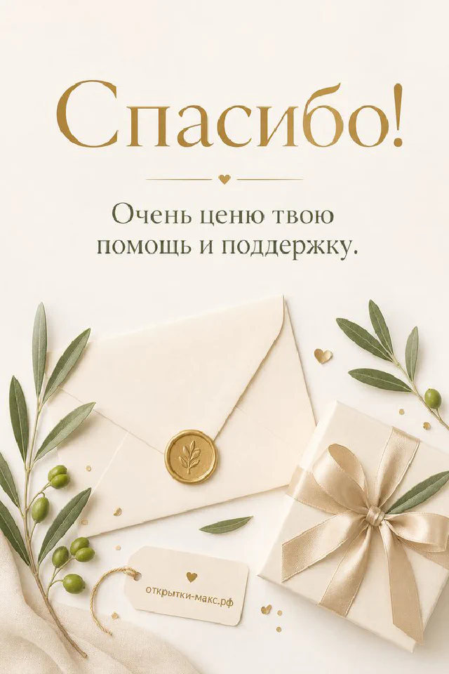 Открытка спасибо с бежевым конвертом, подарочной коробкой с зелёной лентой и ветками эвкалипта на светлом фоне — вариант 5