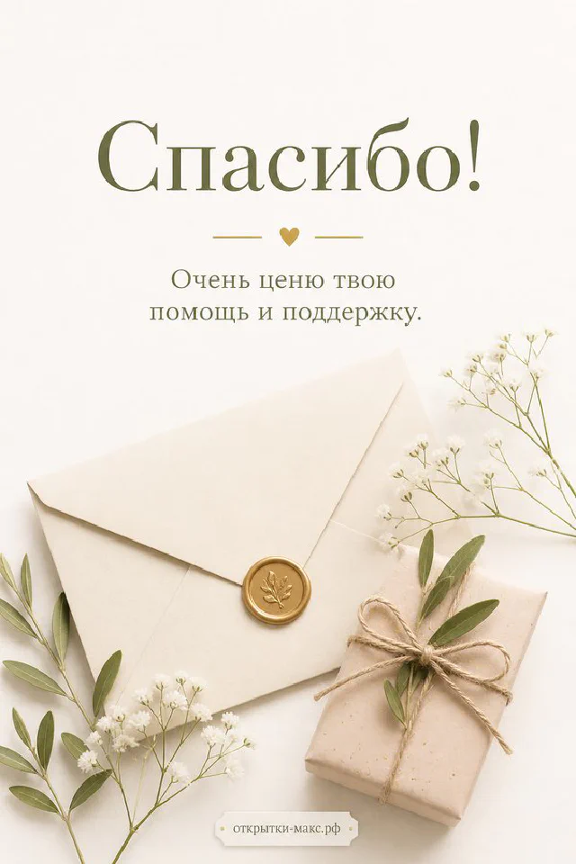 Открытка спасибо с бежевым конвертом, подарочной коробкой с зелёной лентой и ветками эвкалипта на светлом фоне — вариант 8