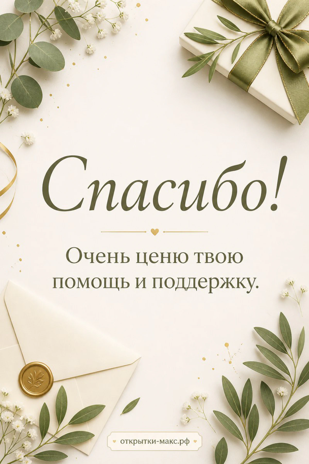 Открытка спасибо с бежевым конвертом, подарочной коробкой с зелёной лентой и ветками эвкалипта на светлом фоне