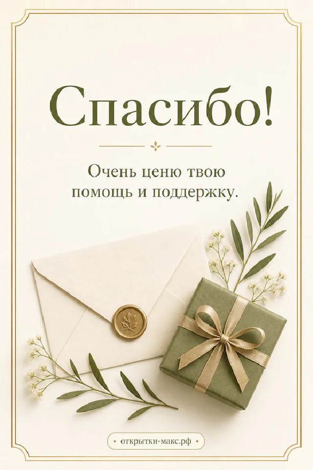 Открытка спасибо с бежевым конвертом, подарочной коробкой с зелёной лентой и ветками эвкалипта на светлом фоне — вариант 2