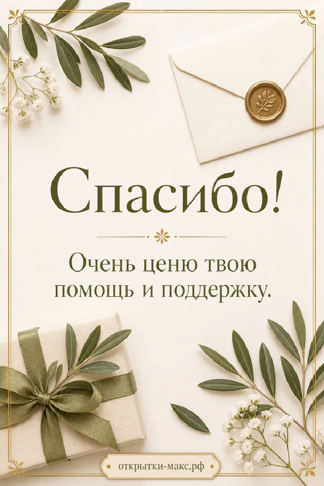 Открытка спасибо с бежевым конвертом, подарочной коробкой с зелёной лентой и ветками эвкалипта на светлом фоне — вариант 4