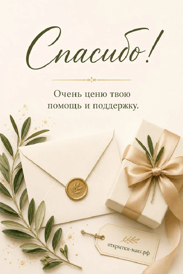 Открытка спасибо с бежевым конвертом, подарочной коробкой с зелёной лентой и ветками эвкалипта на светлом фоне — вариант 6