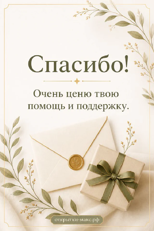 Открытка спасибо с бежевым конвертом, подарочной коробкой с зелёной лентой и ветками эвкалипта на светлом фоне — вариант 7