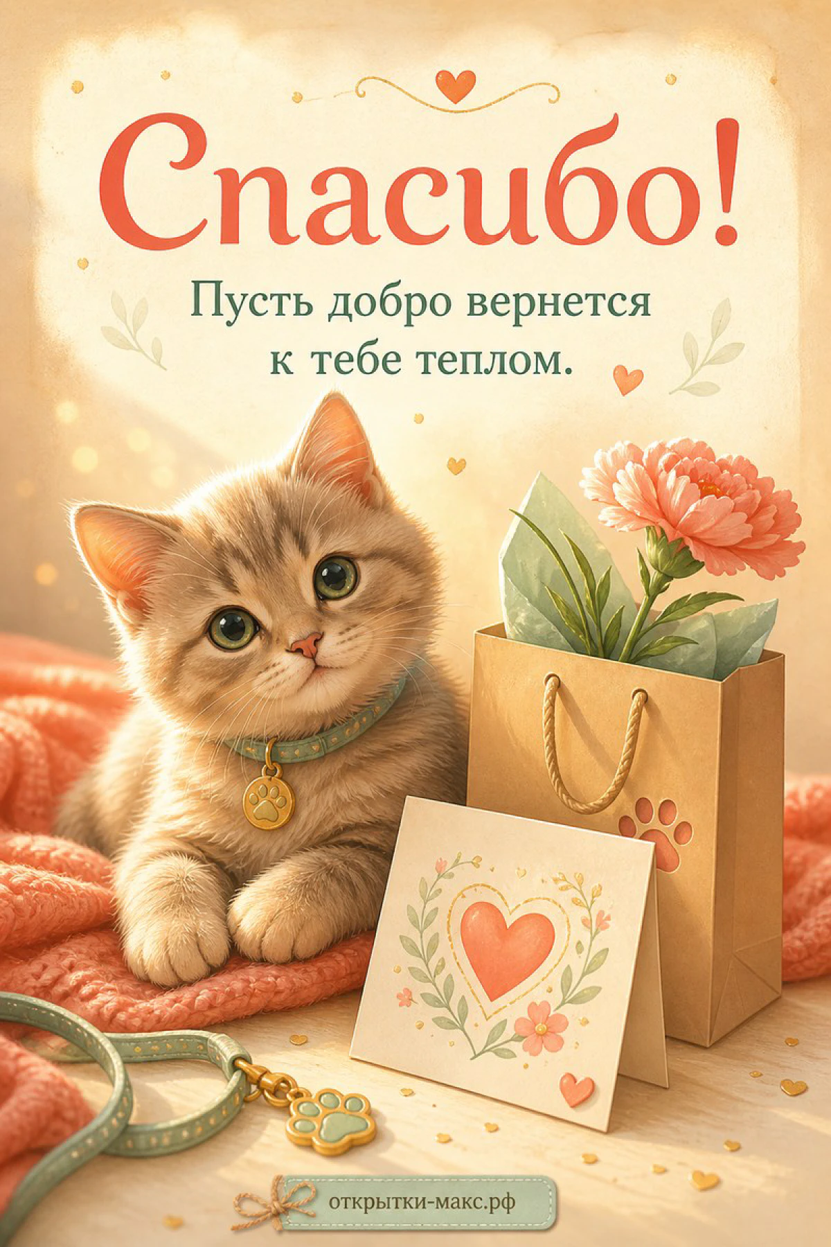Рыжий котёнок с подарочным пакетом и розовым цветком на тёплом фоне, открытка Спасибо