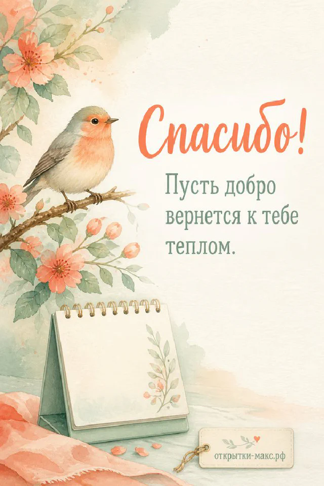 Рыжий котёнок с подарочным пакетом и розовым цветком на тёплом фоне, открытка Спасибо — вариант 2