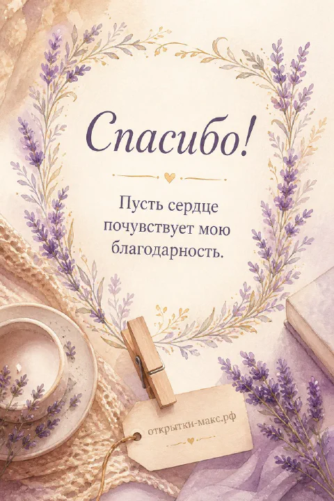 Акварельный букет лаванды с деревянной прищепкой и тегом на бежевом фоне, открытка Спасибо