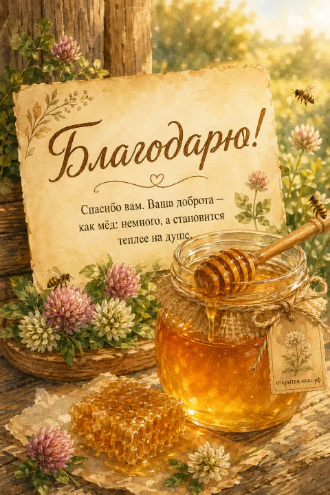 Стеклянная банка золотого мёда с деревянной ложкой-медовуркой, мёдовые соты и пчёлы у розово-белого клевера на деревянном столе