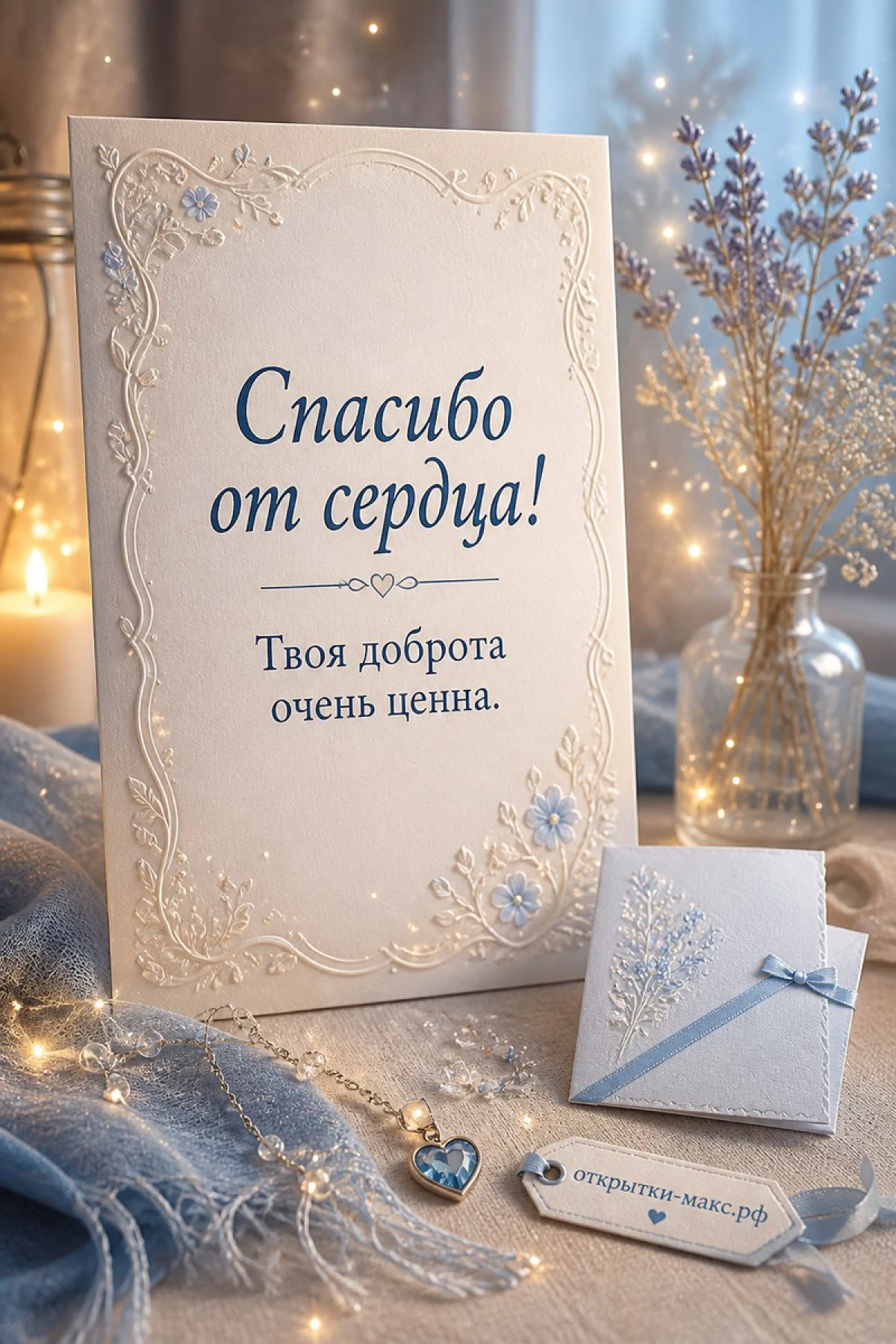 Голубая открытка «Спасибо от сердца» с тиснёным орнаментом, лавандой и мерцающими огнями вокруг