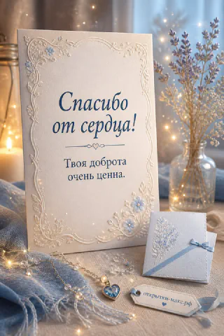 Голубая открытка «Спасибо от сердца» с тиснёным орнаментом, лавандой и мерцающими огнями вокруг