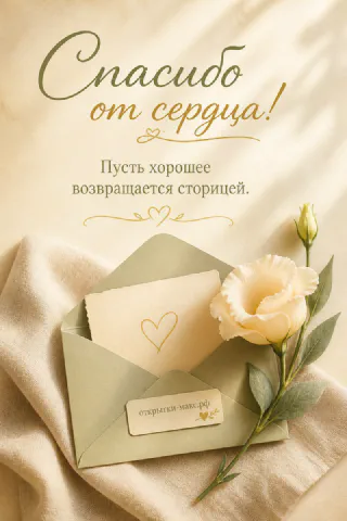 Зелёный конверт с сердечком и белым цветком на бежевой ткани с надписью Спасибо от сердца