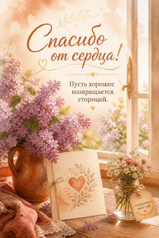 Зелёный конверт с сердечком и белым цветком на бежевой ткани с надписью Спасибо от сердца — вариант 3