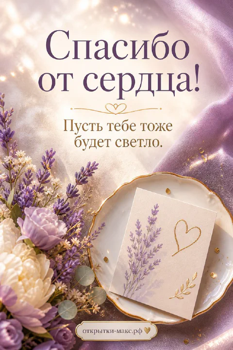 Лиловая открытка «Спасибо от сердца» с веткой лаванды и нарисованным сердечком на белой тарелке