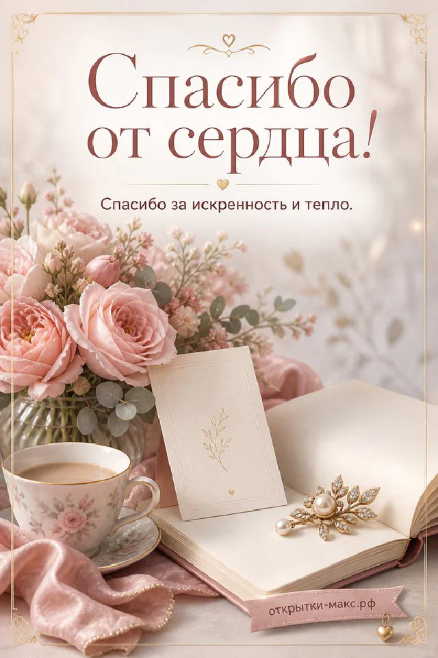 Две кружки кофе и бумажное сердечко среди осенних цветов с надписью Спасибо от сердца — вариант 3