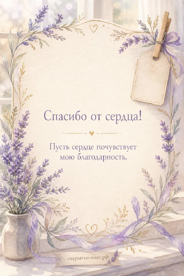 Открытка с венком из сухоцветов, эвкалипта и засушенных трав на белом фоне с надписью Спасибо от сердца — вариант 2