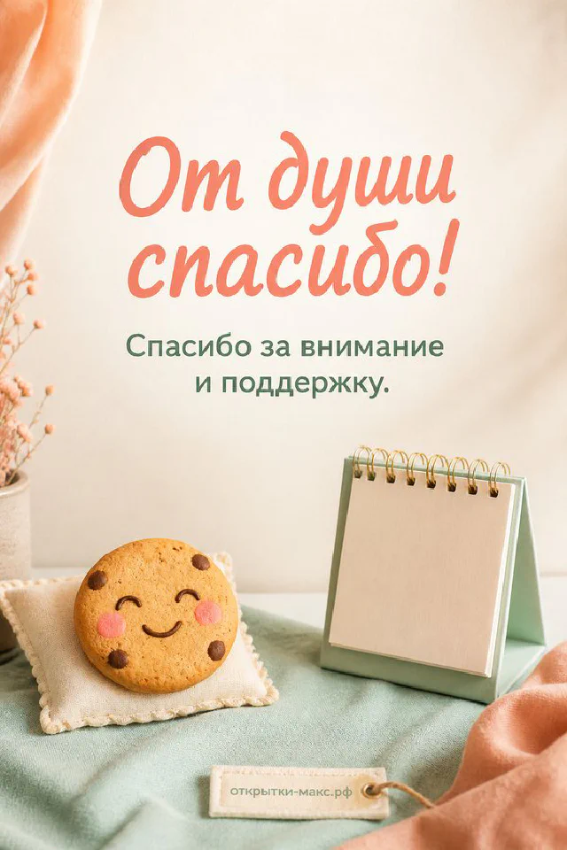Улыбающаяся печенька в шезлонге рядом с календарём и чашкой кофе, надпись «От души спасибо» — вариант 2