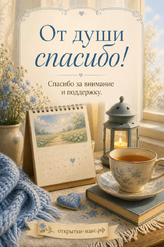 Улыбающаяся печенька в шезлонге рядом с календарём и чашкой кофе, надпись «От души спасибо» — вариант 3