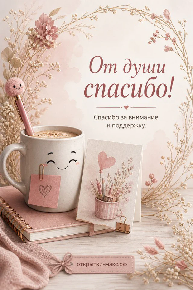 Улыбающаяся печенька в шезлонге рядом с календарём и чашкой кофе, надпись «От души спасибо» — вариант 4