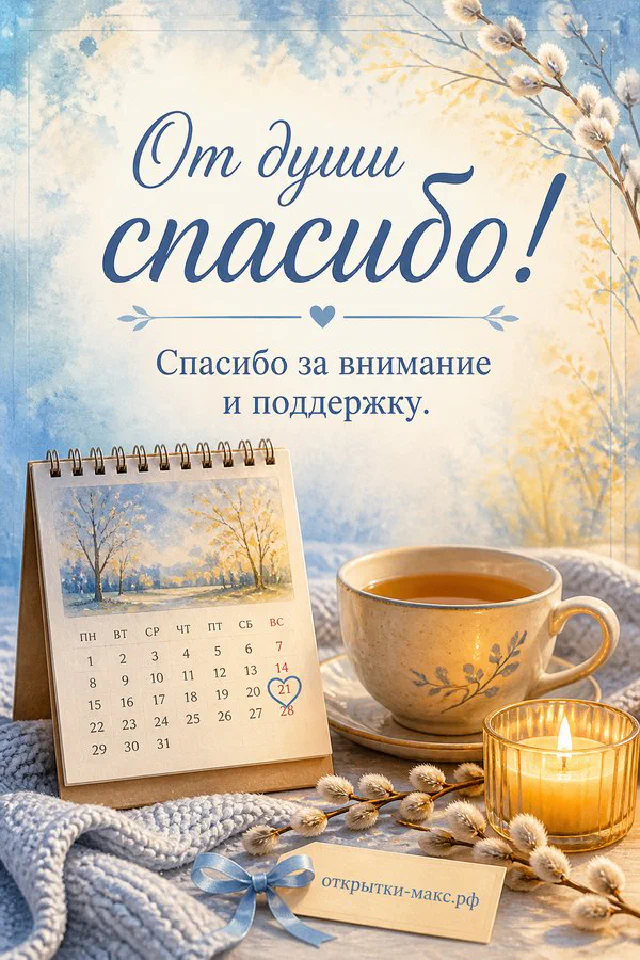 Улыбающаяся печенька в шезлонге рядом с календарём и чашкой кофе, надпись «От души спасибо» — вариант 7