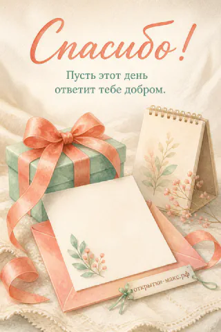 Зелёная подарочная коробка с розовым бантом и блокнот с ягодами на белом фоне с надписью Спасибо