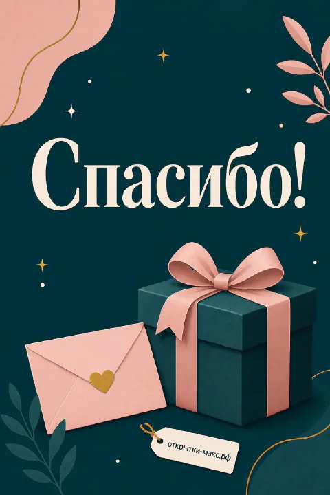 Тёмно-зелёная открытка Спасибо с подарочной коробкой, розовой лентой и конвертом с золотым сердцем