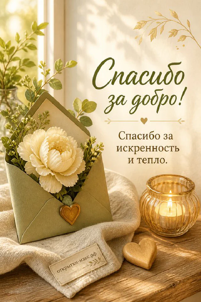 Открытка «Спасибо за добро!» с букетом белых ромашек и лаванды рядом с карточкой и лиловой лентой на деревянном столе — вариант 4