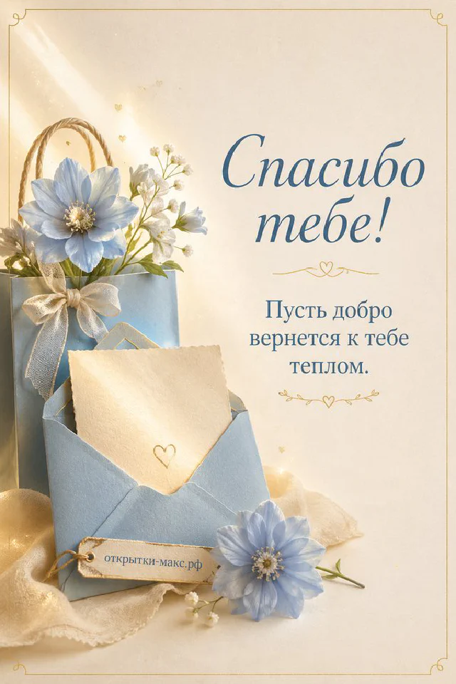 Голубые цветы в вазе, горящая свеча и блокнот с ботанической веточкой на мягком фоне с надписью Спасибо тебе — вариант 2