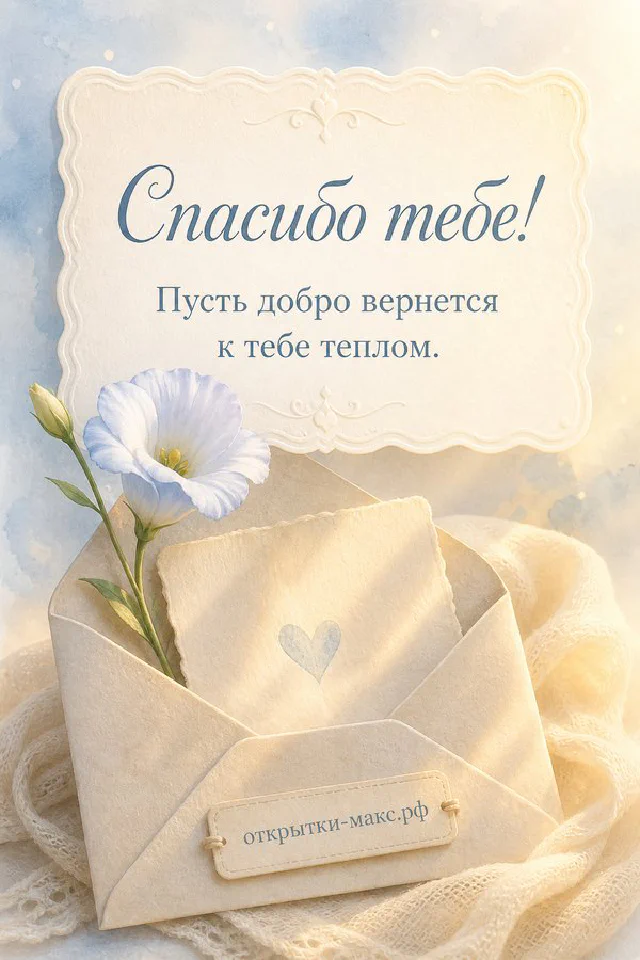 Голубые цветы в вазе, горящая свеча и блокнот с ботанической веточкой на мягком фоне с надписью Спасибо тебе — вариант 4