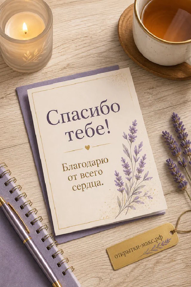Открытка «Спасибо тебе!» с чашкой чая на блюдце, блокнотом, горящей свечой, лавандой и конвертом на деревянном столе — вариант 2