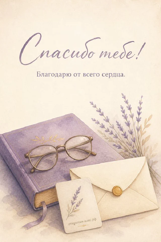 Открытка «Спасибо тебе!» с чашкой чая на блюдце, блокнотом, горящей свечой, лавандой и конвертом на деревянном столе — вариант 3