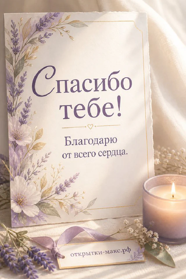 Открытка «Спасибо тебе!» с чашкой чая на блюдце, блокнотом, горящей свечой, лавандой и конвертом на деревянном столе — вариант 4
