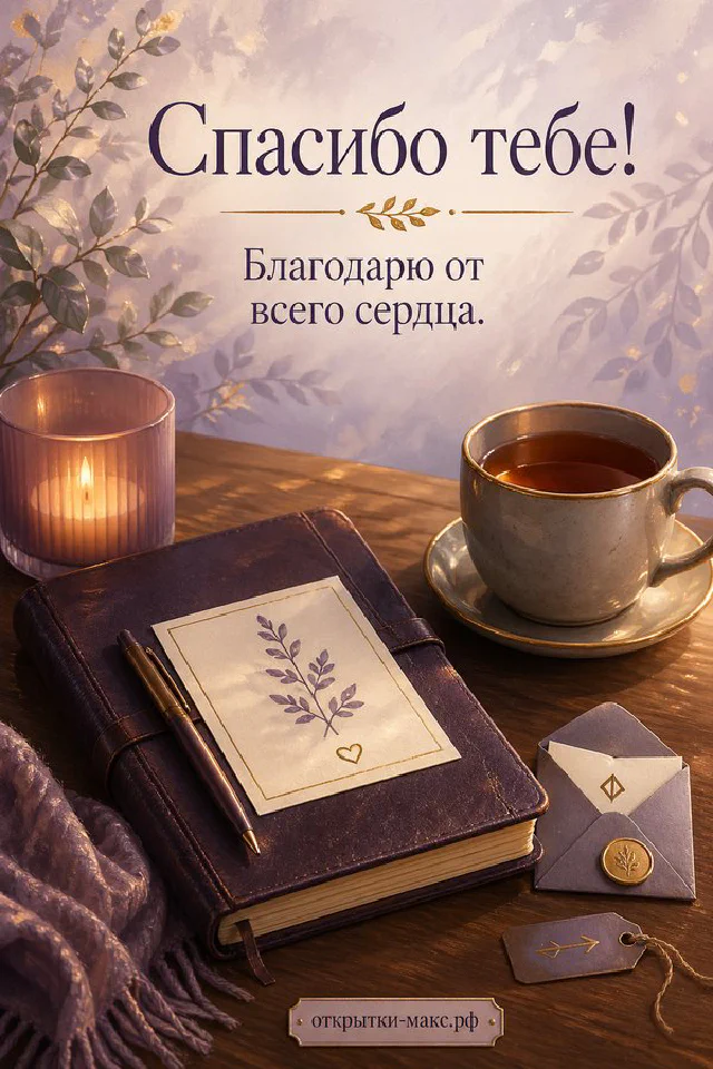Открытка «Спасибо тебе!» с чашкой чая на блюдце, блокнотом, горящей свечой, лавандой и конвертом на деревянном столе — вариант 5