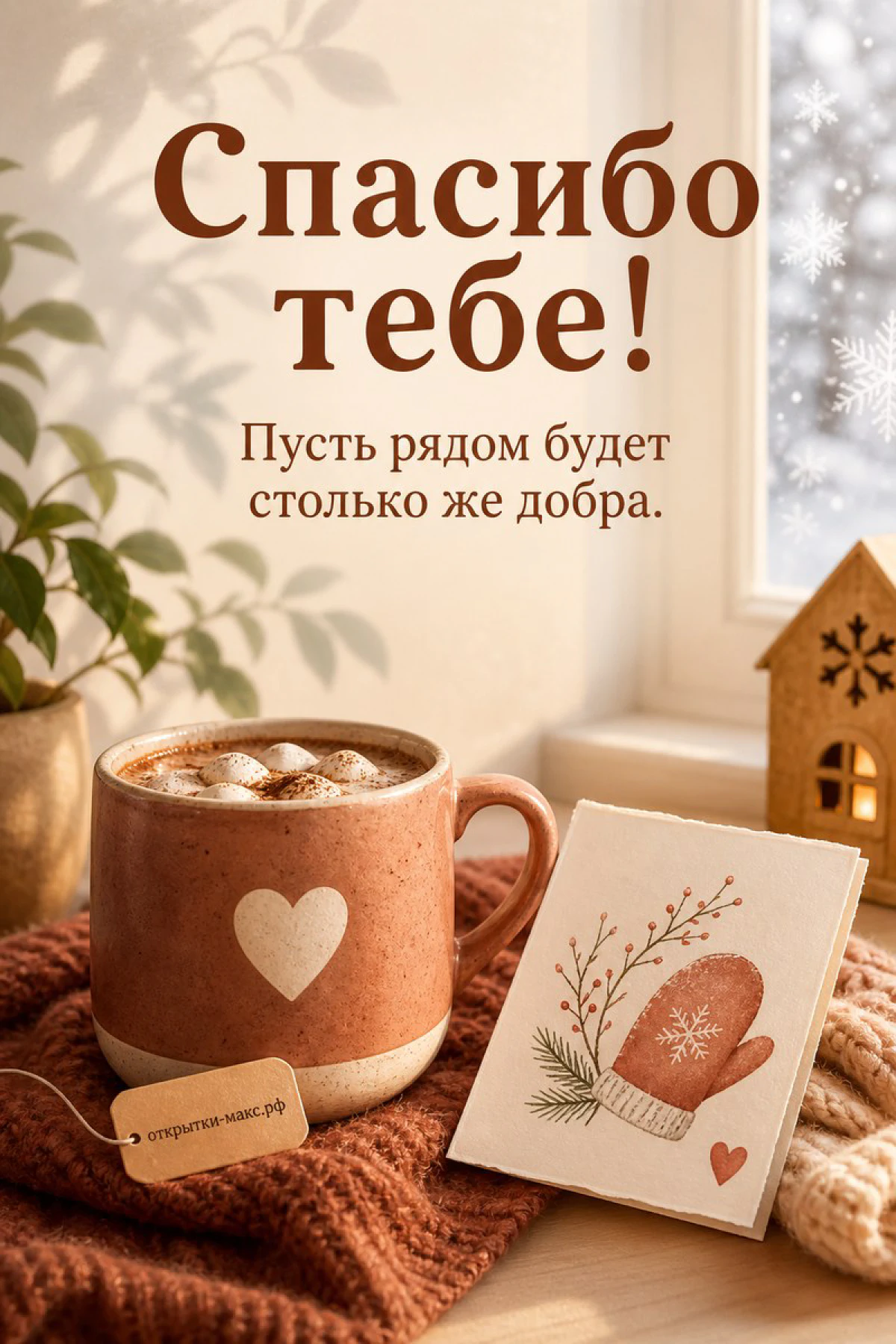 Зимняя открытка Спасибо тебе с кружкой какао с сердцем, домиком и открыткой-варежкой у окна со снегом