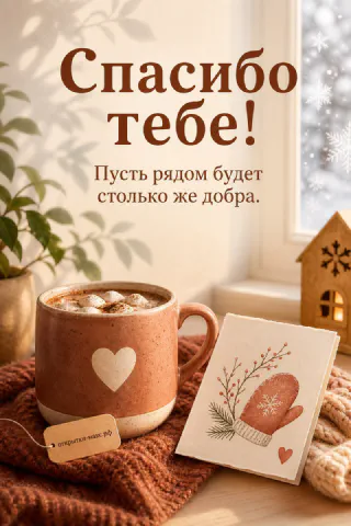 Зимняя открытка Спасибо тебе с кружкой какао с сердцем, домиком и открыткой-варежкой у окна со снегом