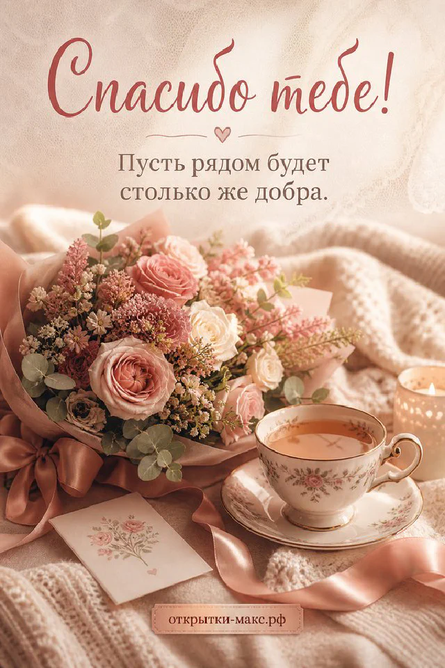 Зимняя открытка Спасибо тебе с кружкой какао с сердцем, домиком и открыткой-варежкой у окна со снегом — вариант 2