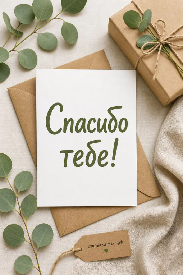 Белая карточка Спасибо тебе в крафтовом конверте с веточками эвкалипта и подарком — вариант 3