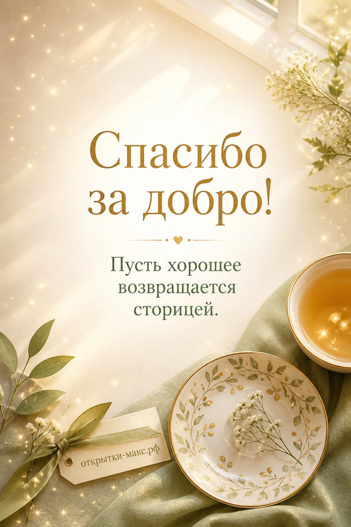 Чашка чая и фарфоровая тарелочка с цветочным узором на золотистом фоне с надписью Спасибо за добро