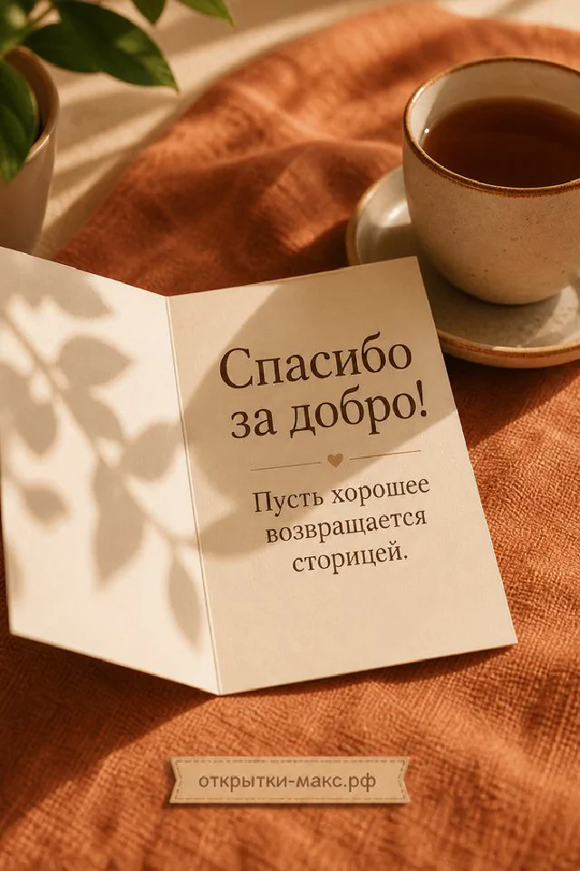 Чашка чая и фарфоровая тарелочка с цветочным узором на золотистом фоне с надписью Спасибо за добро — вариант 2
