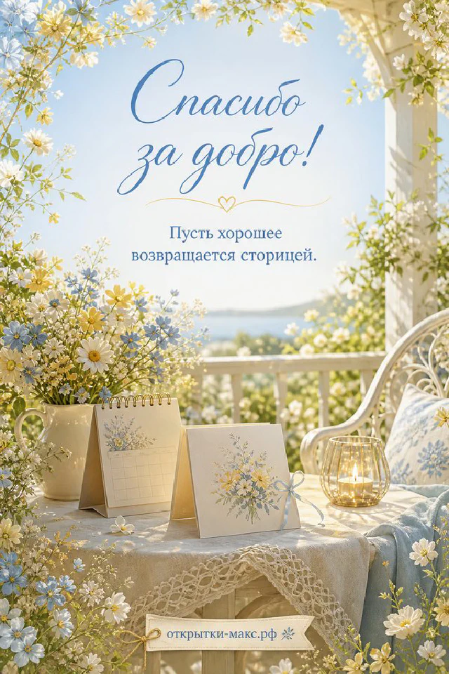 Чашка чая и фарфоровая тарелочка с цветочным узором на золотистом фоне с надписью Спасибо за добро — вариант 5
